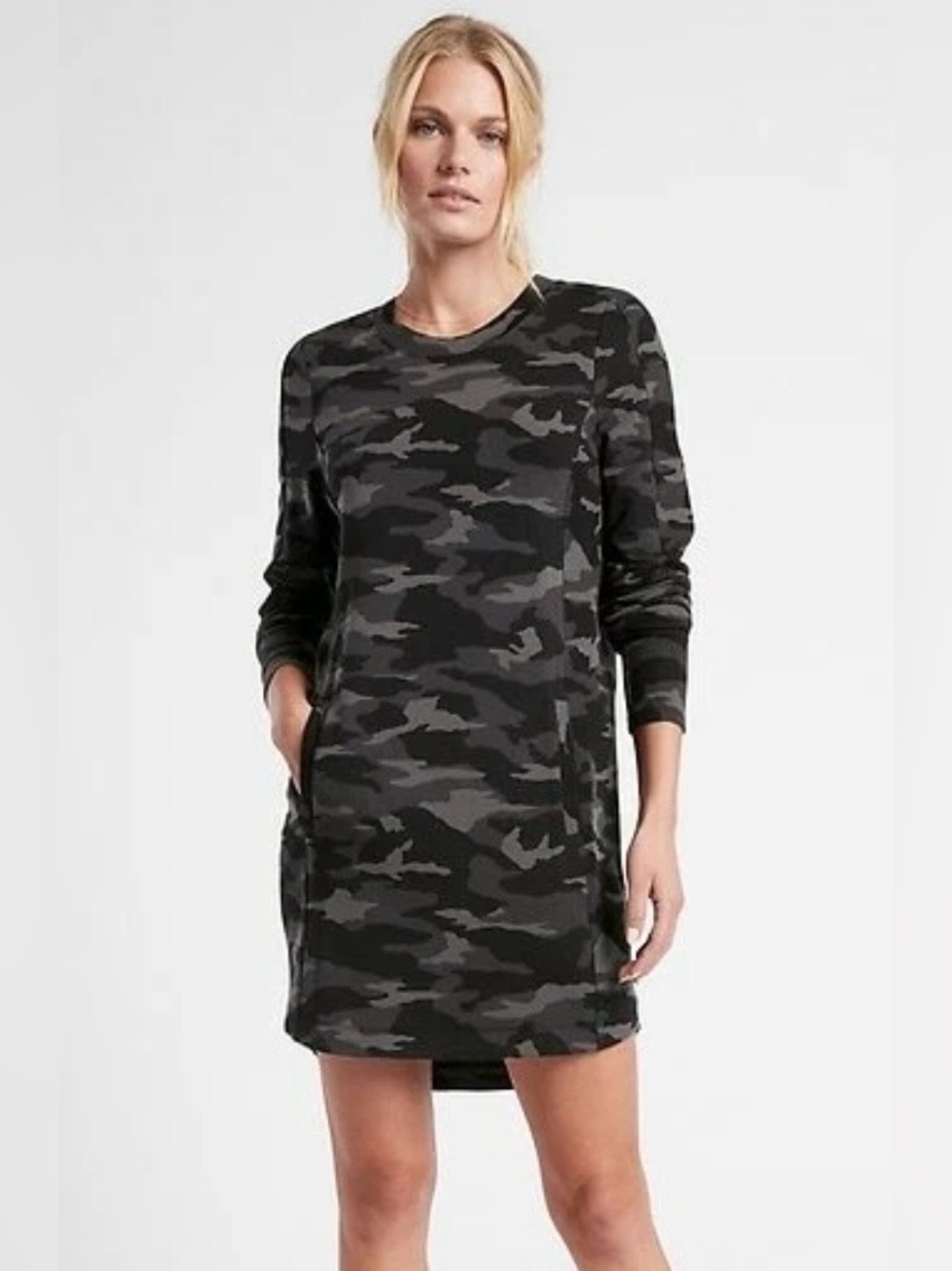 ATHLETA Balance Gray Camo Soft Long Sleeve Athleisure Lounge Dress Size Small